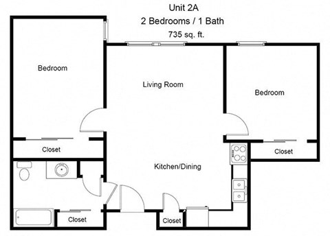 Floor plan for 2 beds, 1 bath, 735 sqft